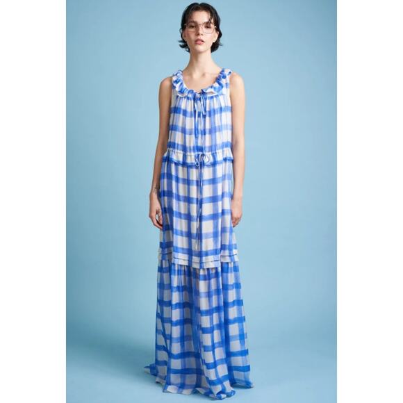 PAUL & JOE 100% Silk Charisme Dress Sleeveless Ruffle Gingham Plaid Maxi - Picture 2 of 16
